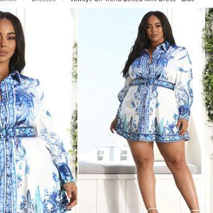 Blue and white shirt dress